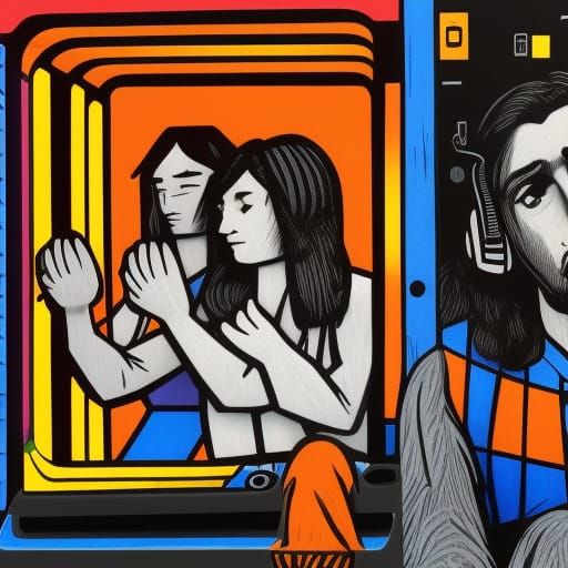 Meditators in Arcade Machine, Linocut Style