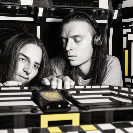 Meditators in Arcade Machine, Linocut Style