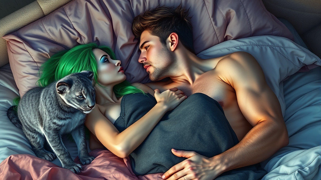 Alien Woman and Man Kiss with Lion Cub