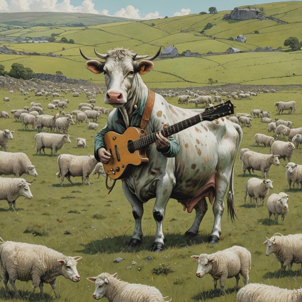 Cow with Guitar in Moorland Field, Surrealist Painting