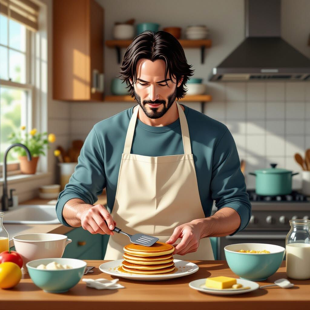 Keanu Reeves Flips Pancakes in Anime Style