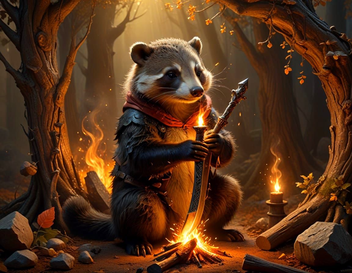 Dark Fairytale Badger Blacksmith Forges Enchanted Swords