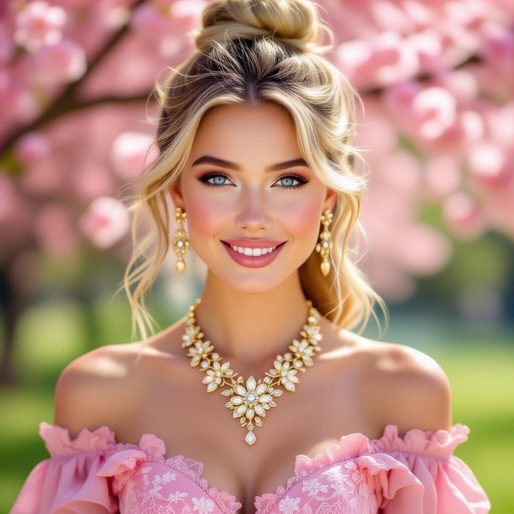 Blonde Woman in Pink Dress with Gold Jewelry