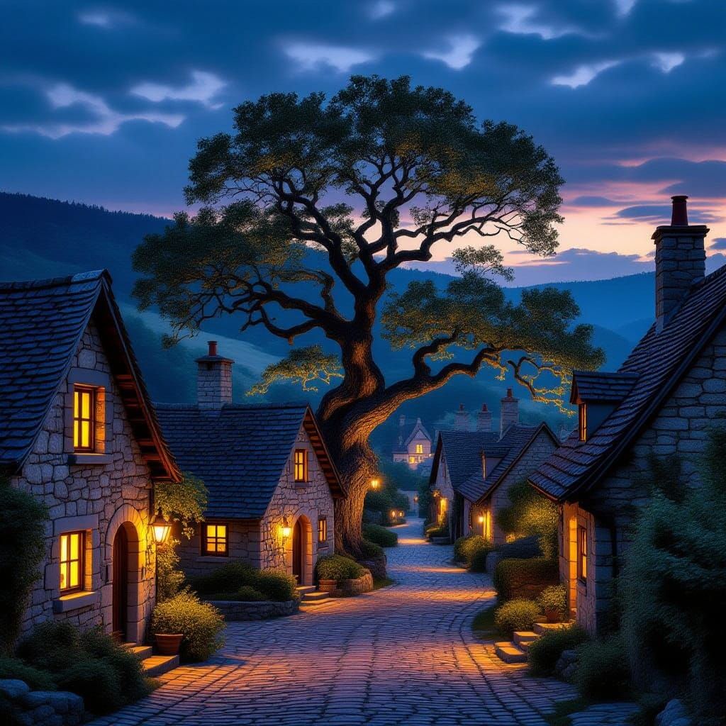 Medieval Village at Twilight HDR Photograph