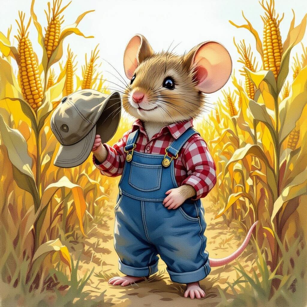 Mouse in Dungarees in Cornfield, Illustrative Art