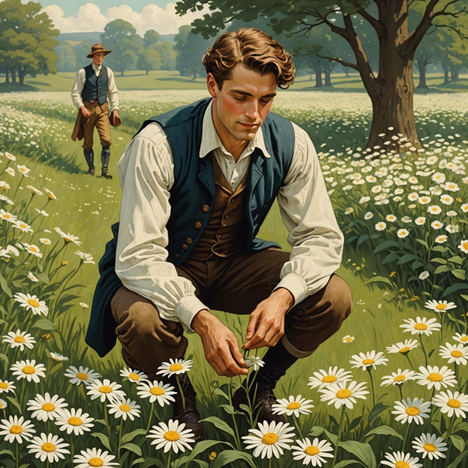 (A handsome man picking up daisies) , illustration, inspired...