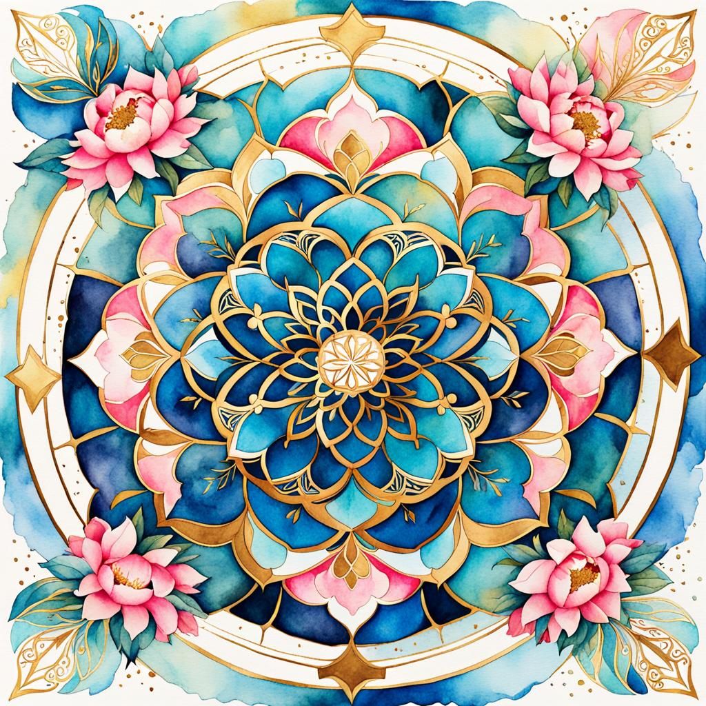 Floral Mandala with Golden Star in Watercolor Style