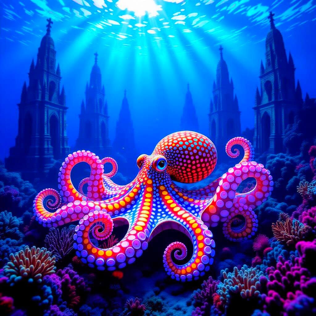 Kaleidoscopic Octopus in Coral Cathedrals