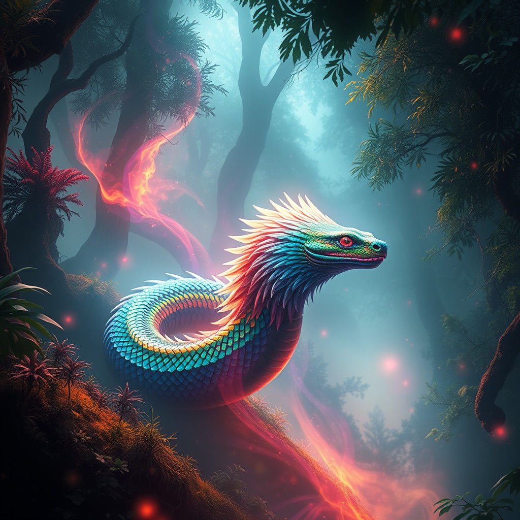 Iridescent Serpent Radiating Color in Lush Forest