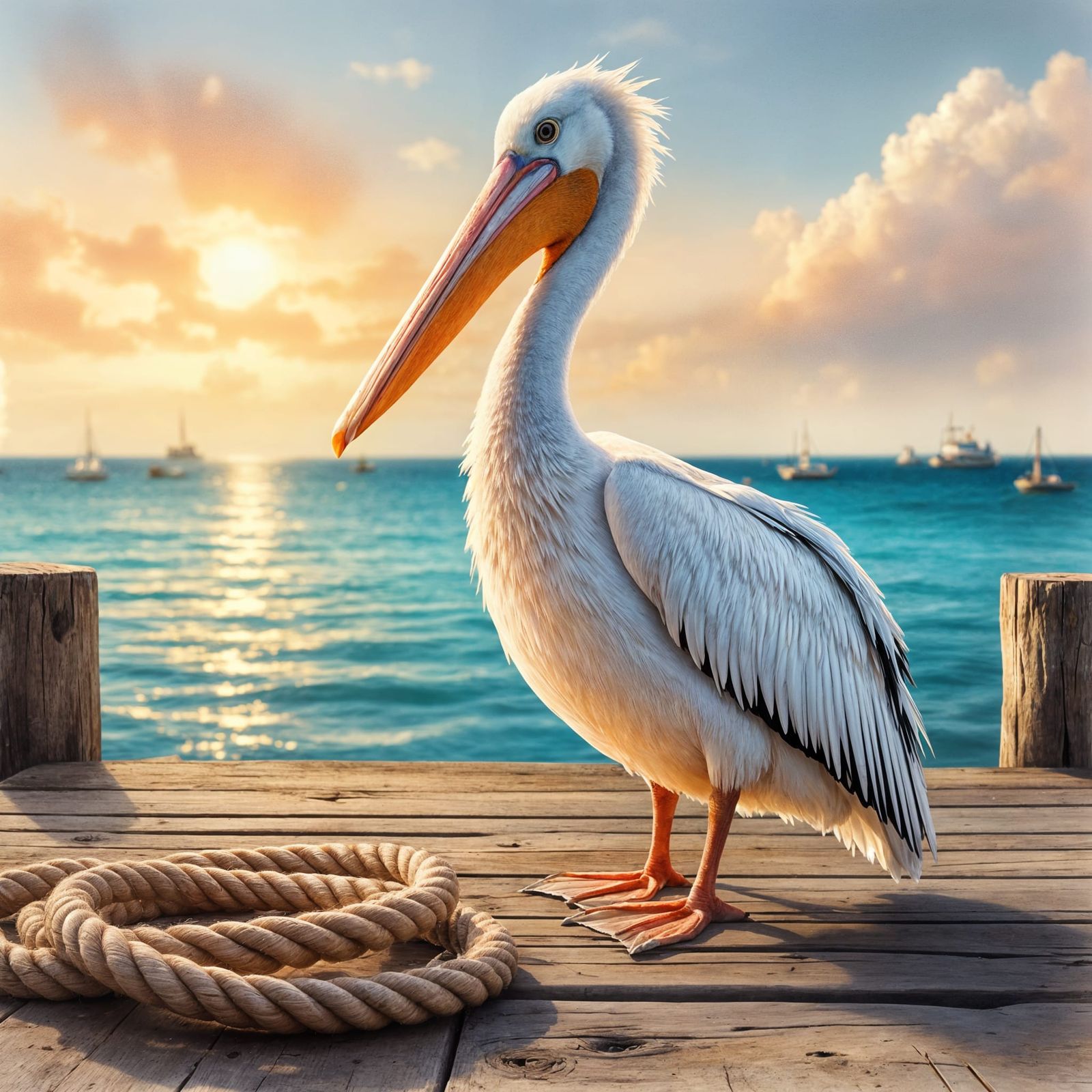 Pelican on Dock at Sunrise in Watercolor Style