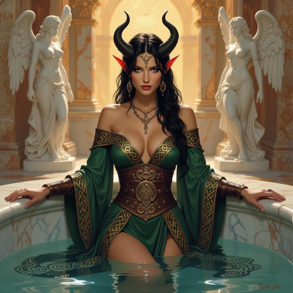 Tiefling in Roman Bath, 90s Fantasy Painting