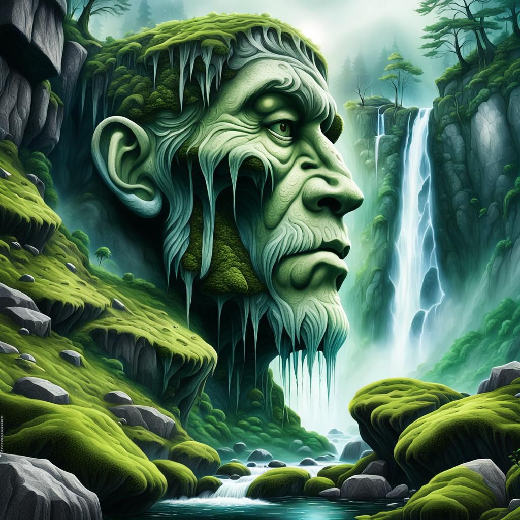 Majestic Rock Face Waterfall in Fantasy Landscape