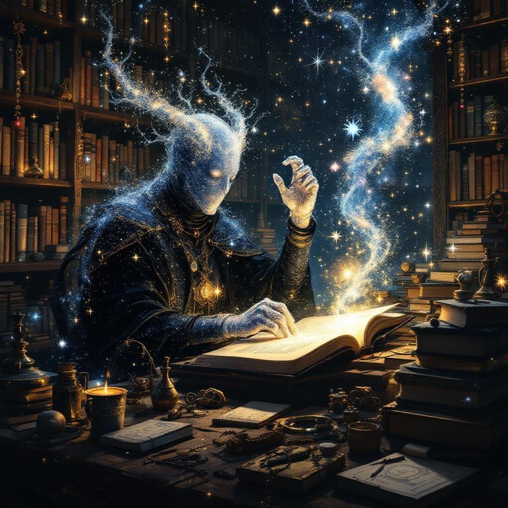 Stardust Librarian Organizes Galaxy Books, Digital Painting