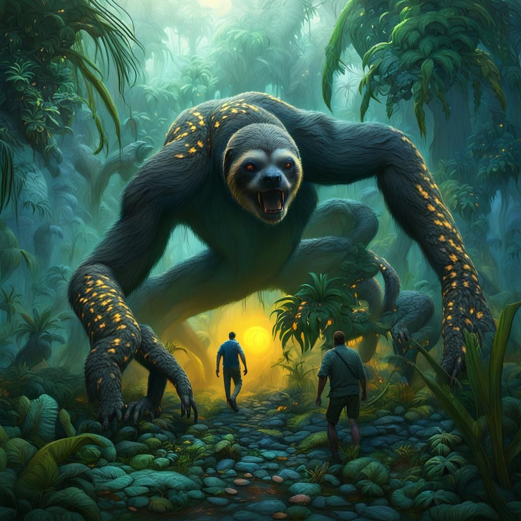 Jungle Scene with Giant Creatures in Detailed Matte Painting