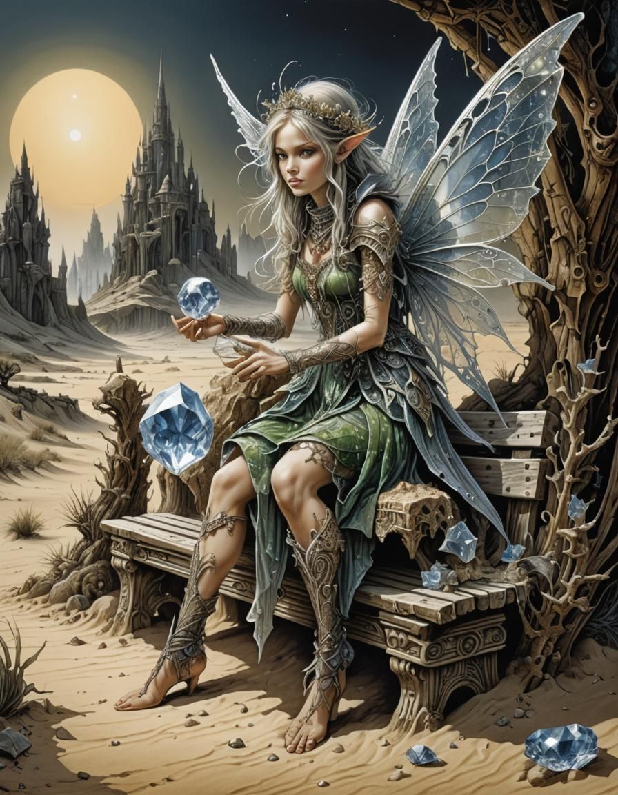 Friendly Fairy with Crystal in Desert Landscape