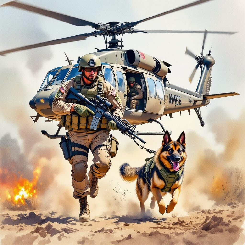 Soldier and Dog Leap into Battle: Watercolor Art