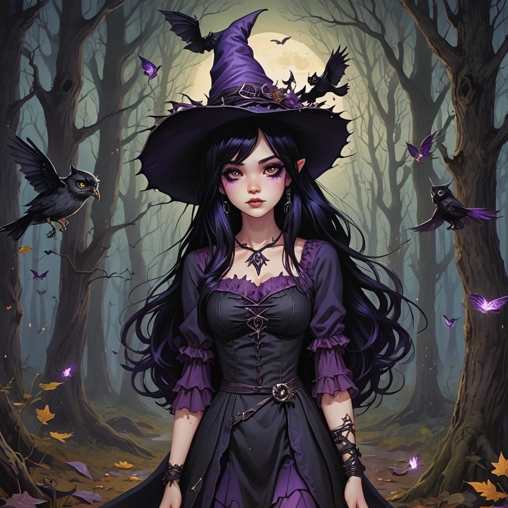 Mermaid Witch in Midnight Forest