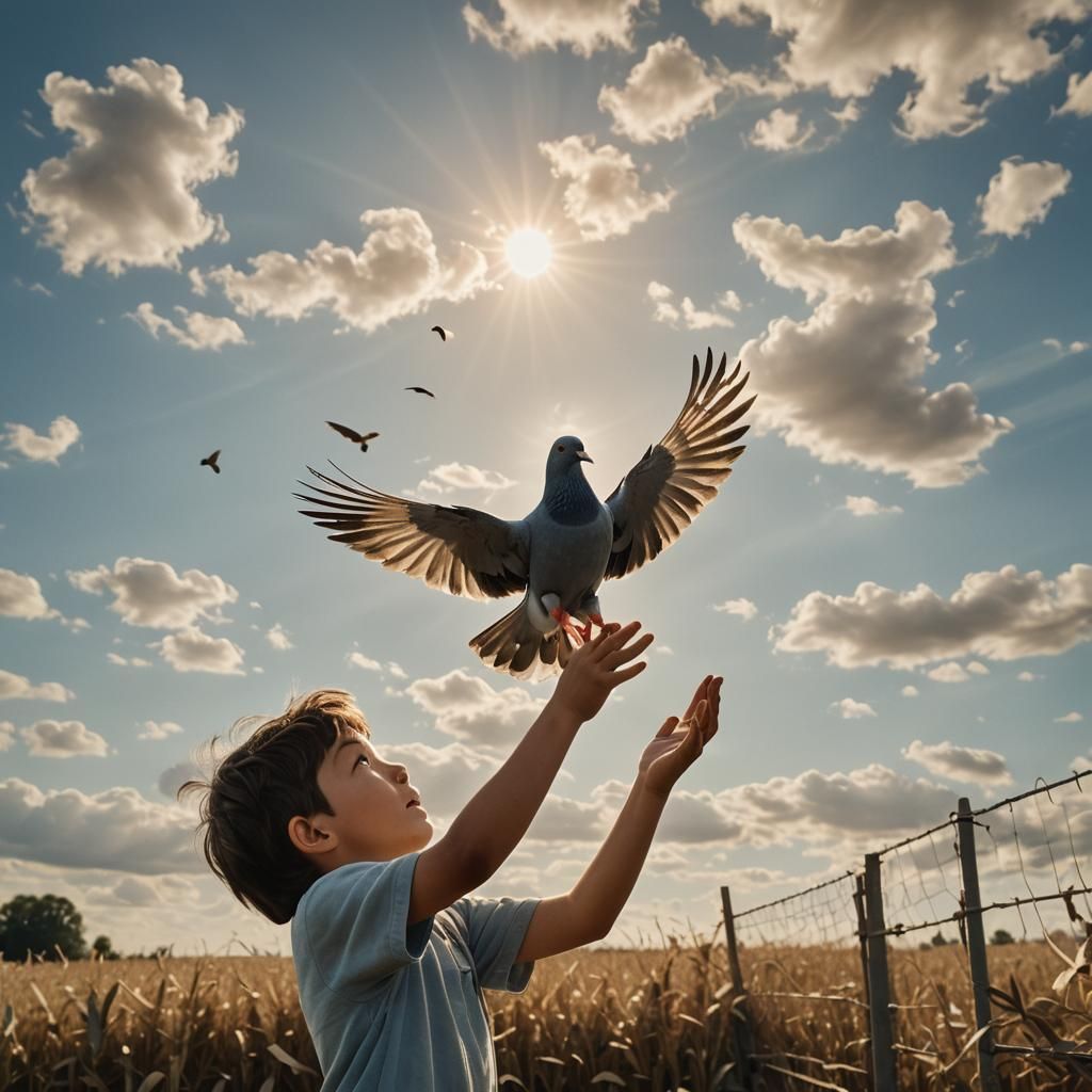 Majestic Pigeon Takes Flight on a Golden Field