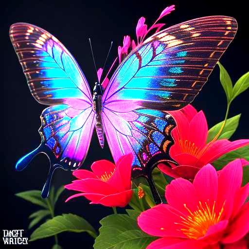 Glowing Rainbow Butterfly on Flower in 3D Style