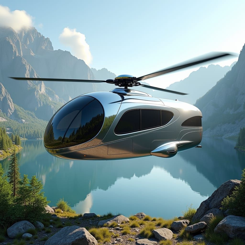 Futuristic Flying Motorhome Over Serene Lakeside Scenery