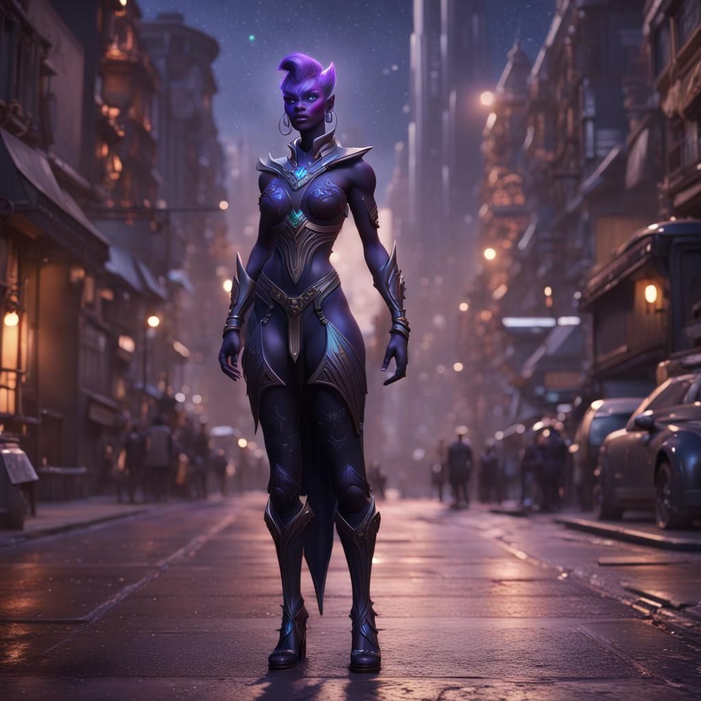 Void Elf on City Street in Fantasy Art Style