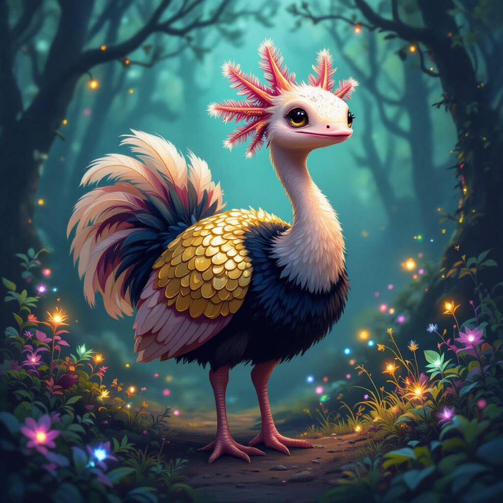 Gold Ostrich-Axolotl Hybrid in Bioluminescent Forest
