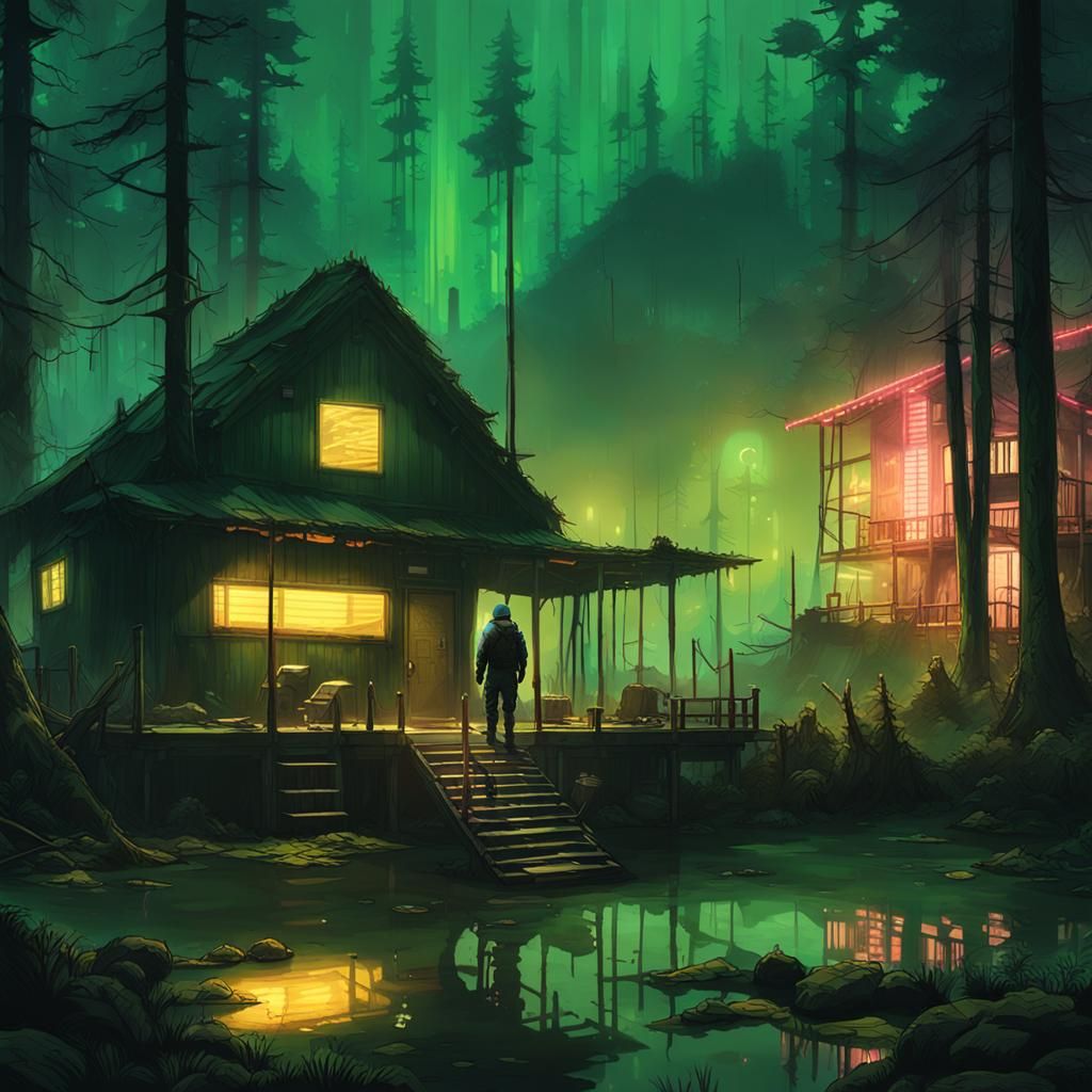 Hazmat Man Enters Cyberpunk Swamp Cabin
