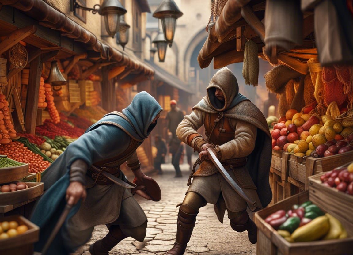 Guards Chase Thief in Crowded Medieval Market
