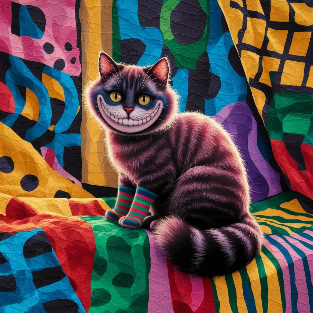 Cheshire Cat Grin on Quilt in Pop Art Style
