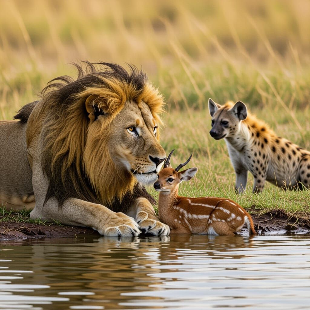 Lion Defends Fawn From Hyenas at Watering Hole