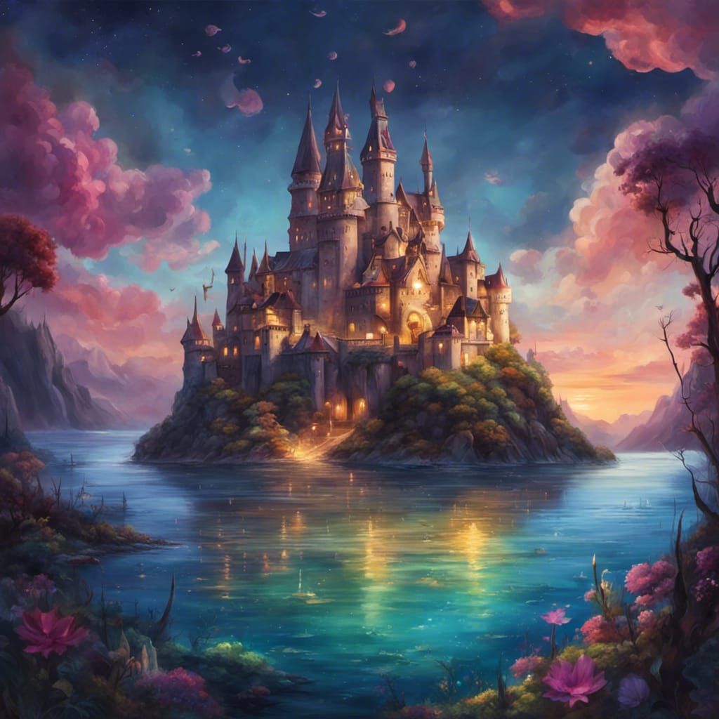Fantasy Castle Overlooks Bioluminescent Ocean at Twilight