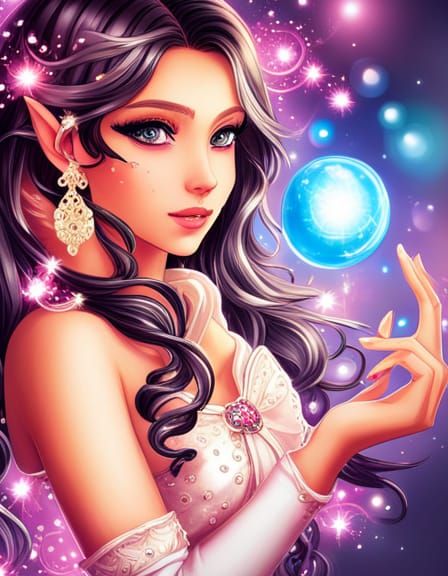 Anime Elf Goddess in Sparkling Celestial Gown