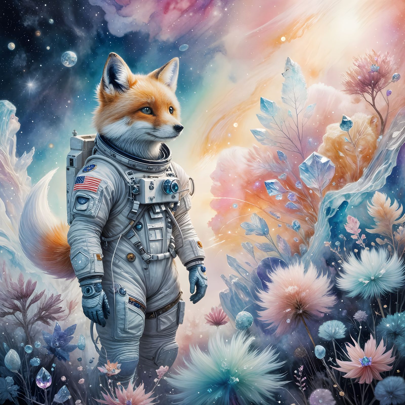 Astronaut Painting on Venus with Crystal Foxes