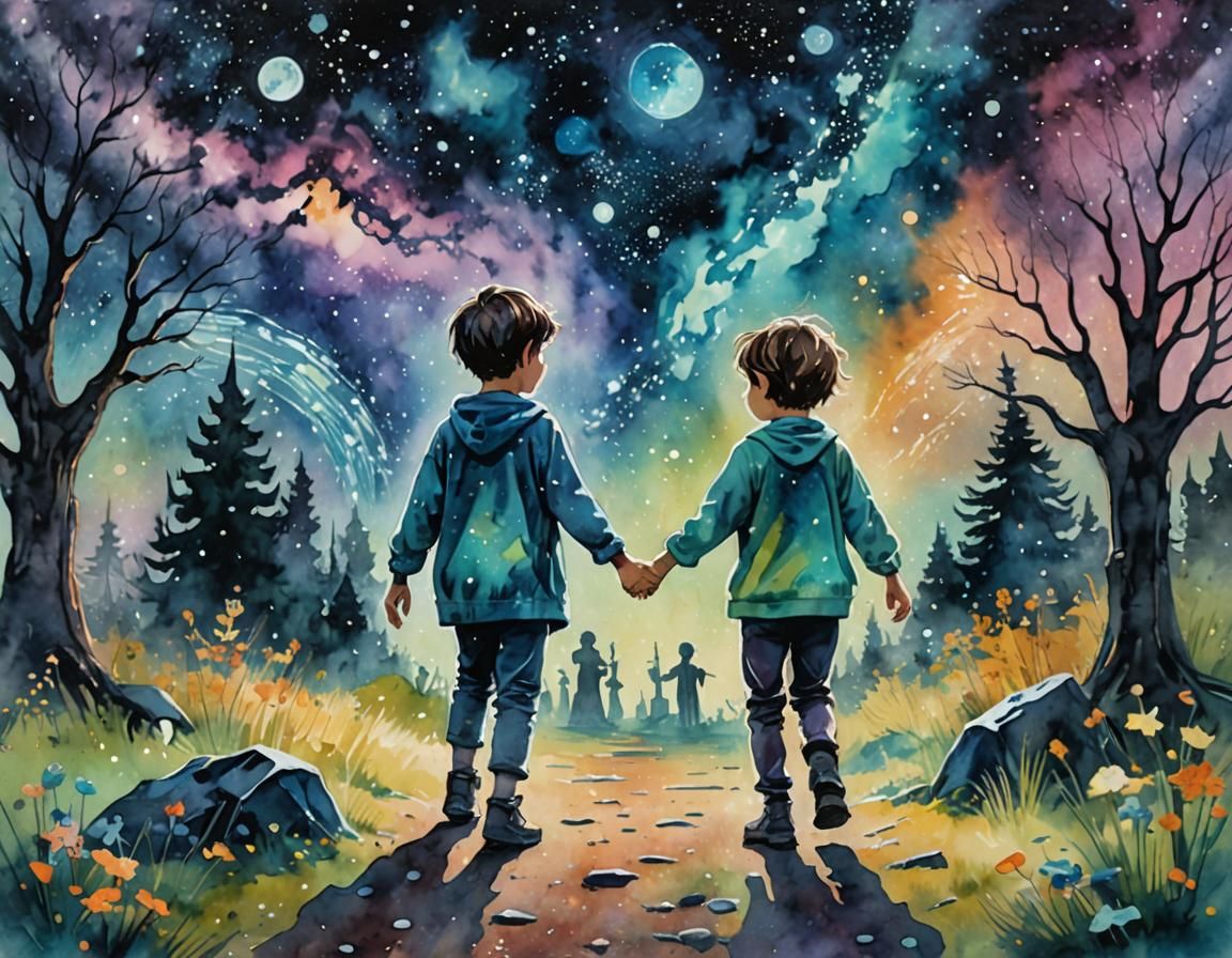 Ghostly Boy and Fairy in Galaxy Cemetery