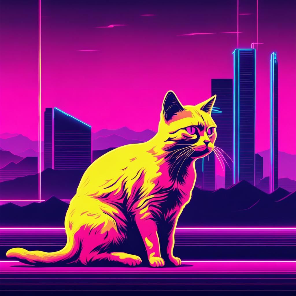 Cat Pooping in Synthwave Neon Retro Style