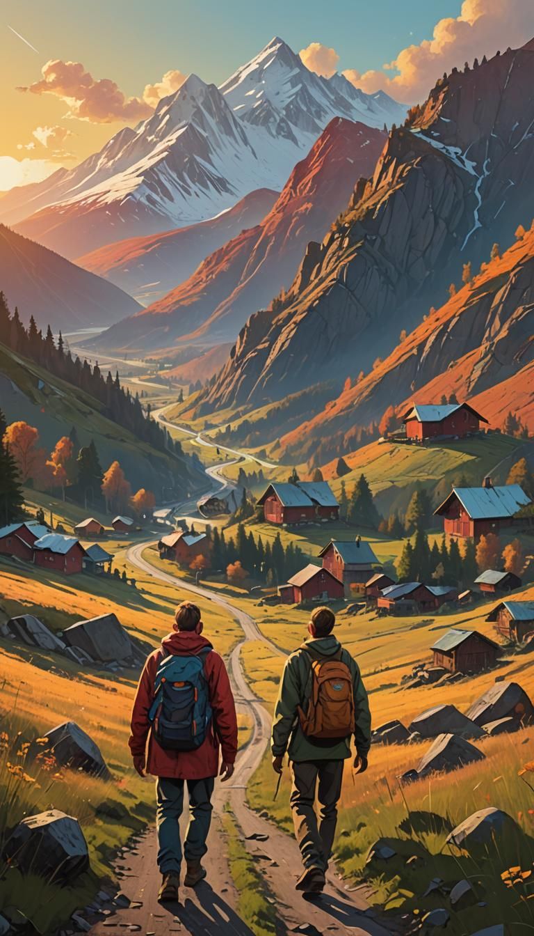 Brothers Journey to Mountain Village: Hyperrealistic Art