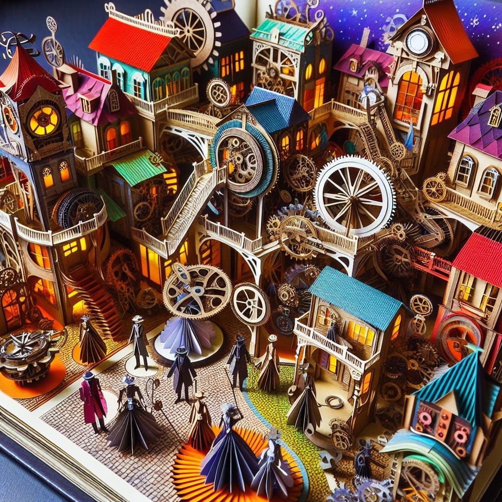 Steampunk Village Pop-Up Book with Paper People