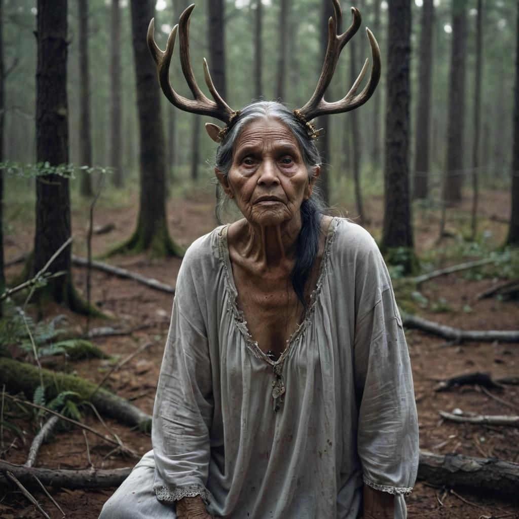 Old Woman with Antlers in Forest Photograph
