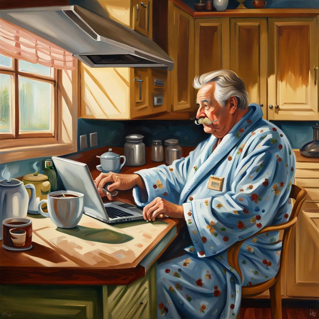 Elderly Man's Morning Coffee: Photorealistic Oil Painting