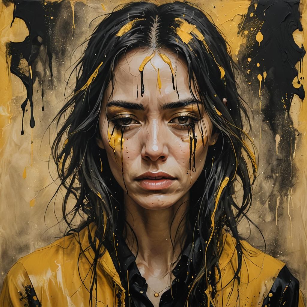 Emotional Portrait of Woman with Tears: Mixed Media Art