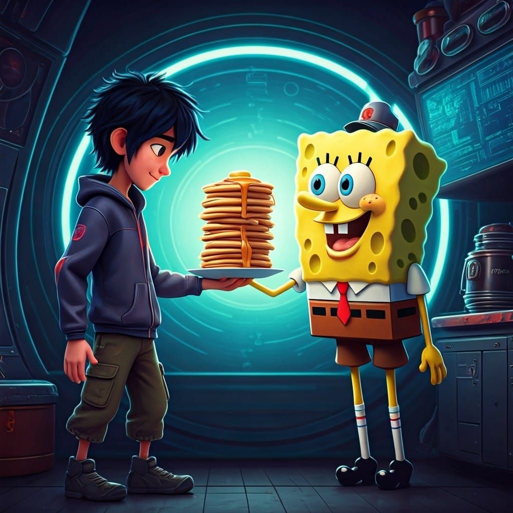 Hiro Hamada Serves Pancakes to SpongeBob: 3D Digital Art