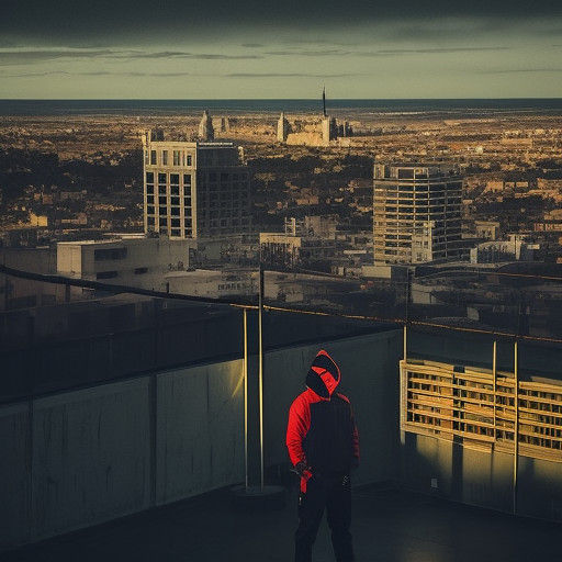 Epic Rooftop Scene with Golden Light and Shadows