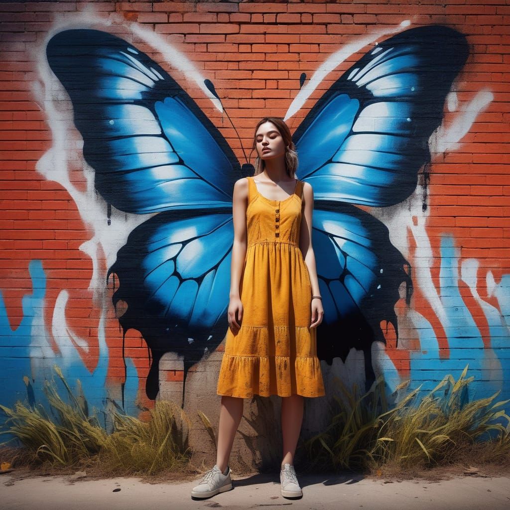 Surreal Street Art Scene with Melting Colors and Butterflies