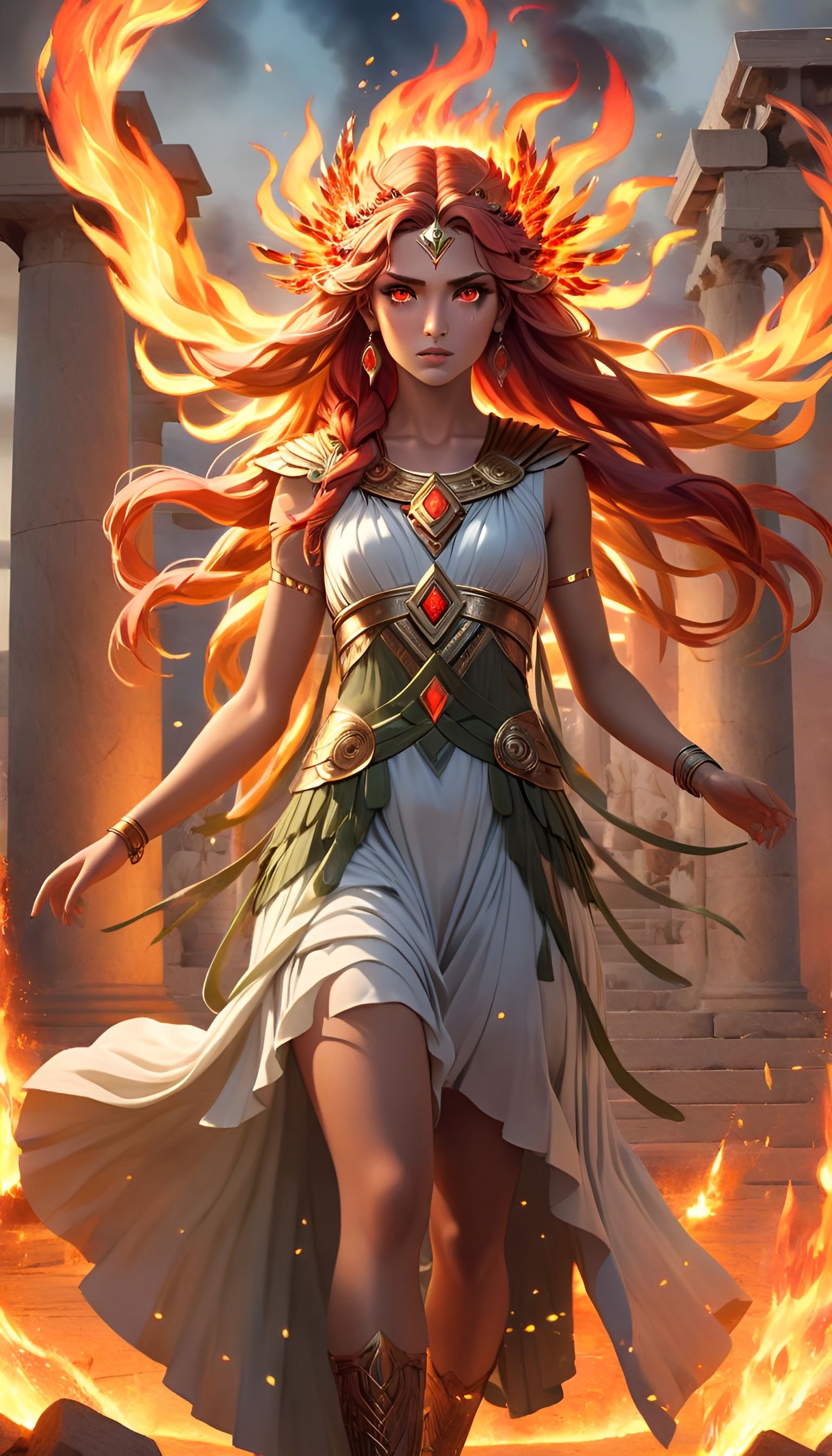 Greek Fire Goddess with Ethereal Hair