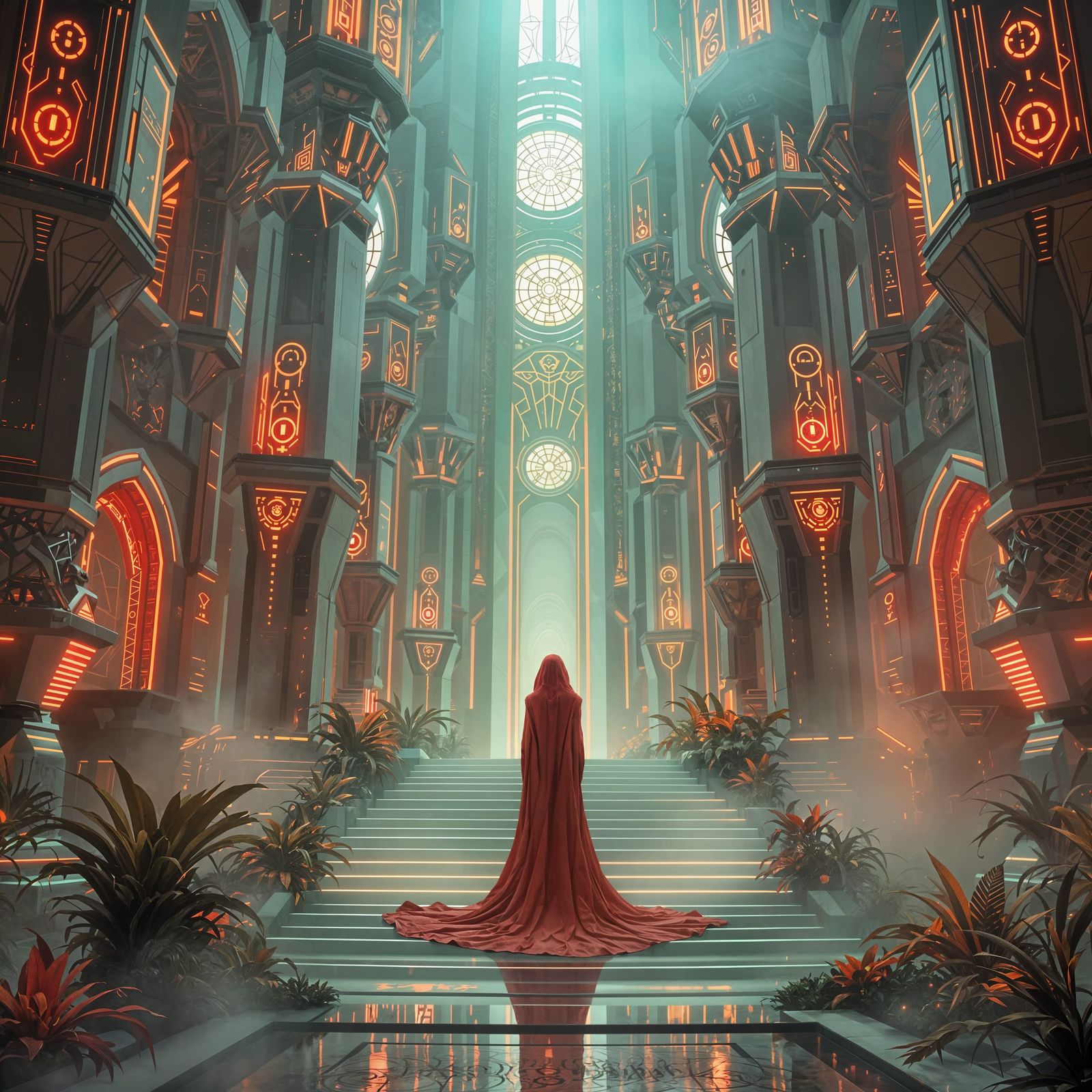 Futuristic Byzantine Temple with Sci-Deco Design and Red Lig...