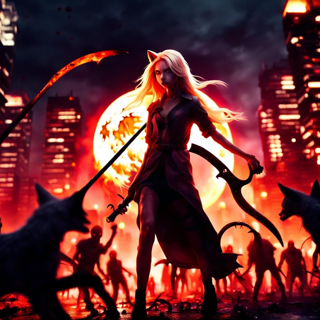 Kitsune Girl with Burning Scythe in Zombie Apocalypse