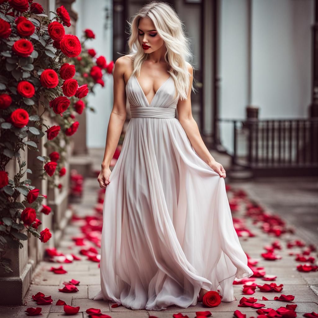 Blonde Woman in Roses on Valentine's Day