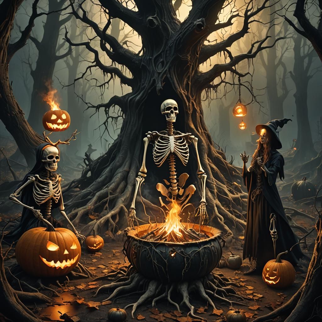 Eerie Gathering: Pumpkin, Skeleton, Siren, and Witch