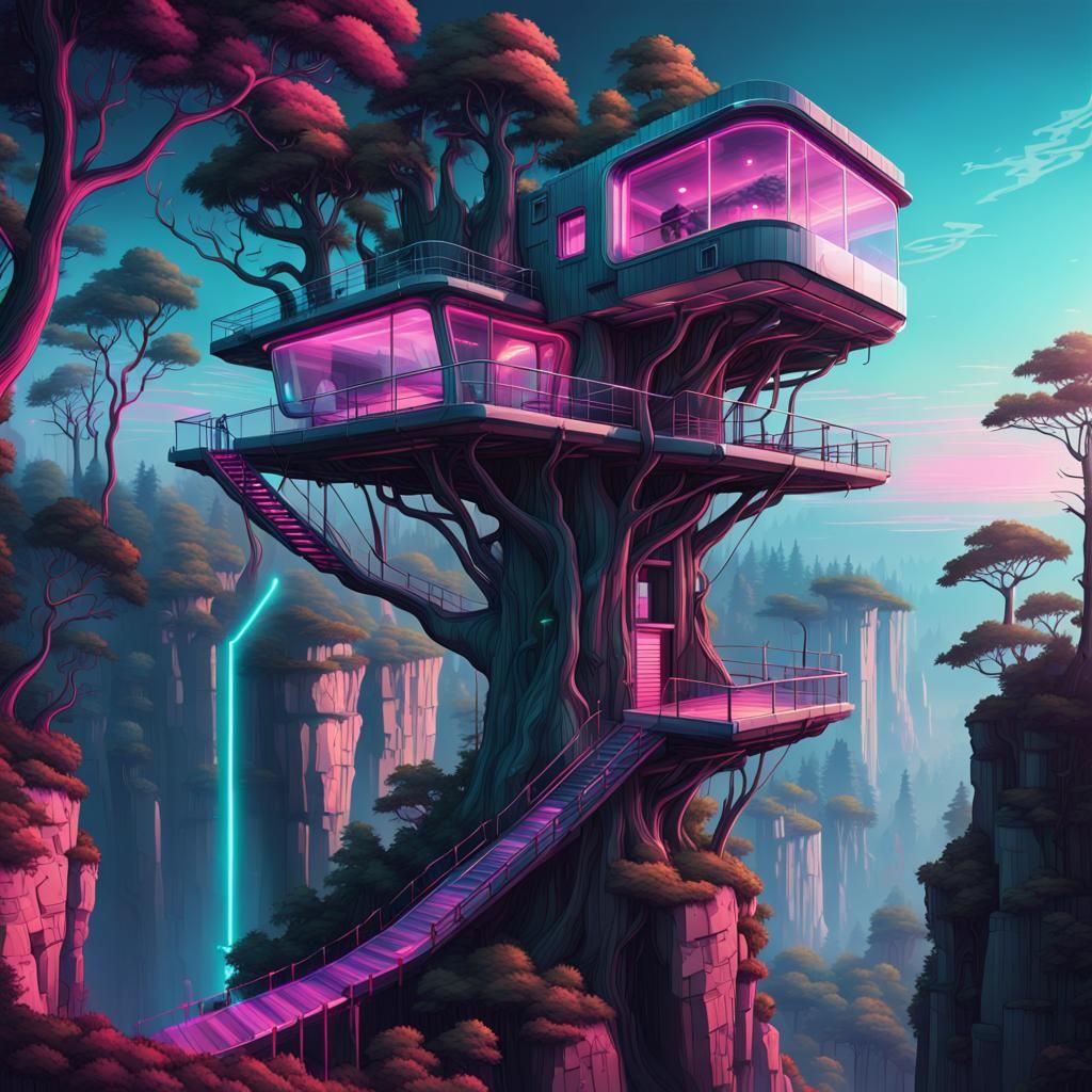 Futuristic Neon Treehouse Overlooking Forest