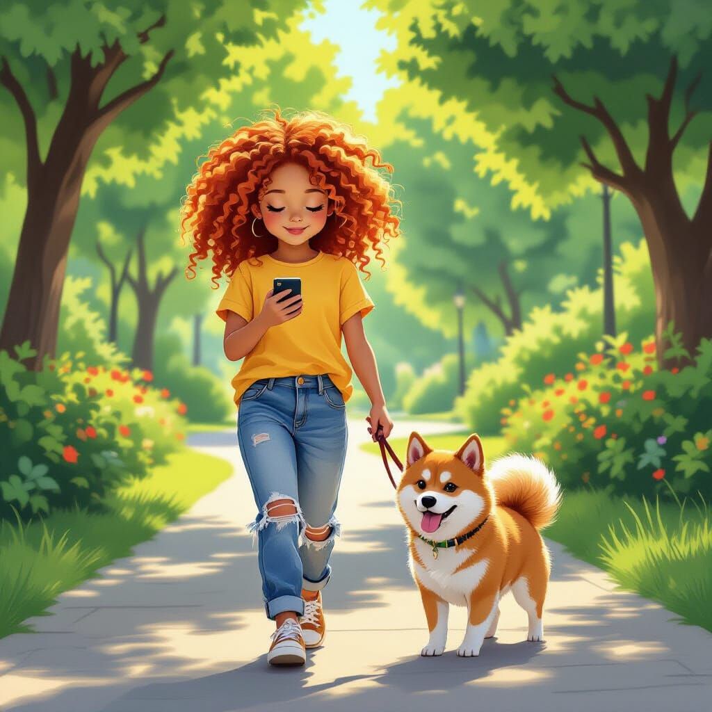 Girl Walking Shiba Inu in Dreamy Digital Illustration Style
